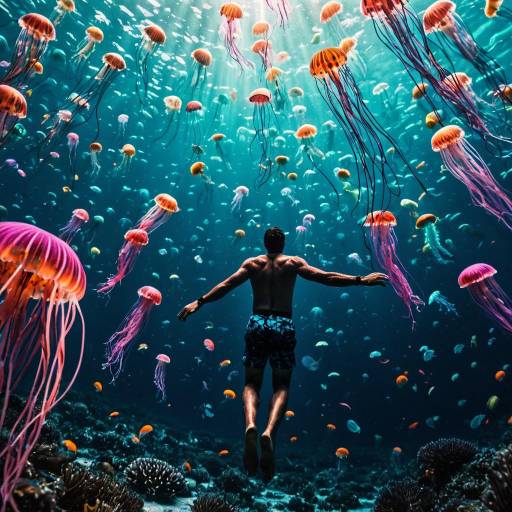 Swimmer Amidst Vibrant Jellyfish