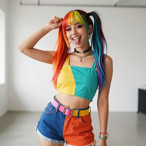 Photograph of a young woman with rainbow hair, sticking out tongue, wearing a colorful crop top, high-waisted shorts, and pink belt,