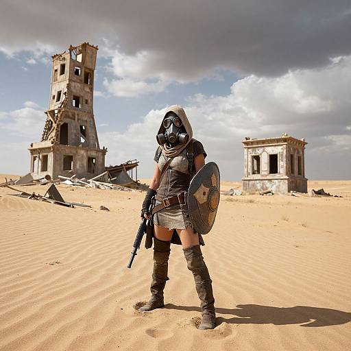 Photograph of a armored warrior in desert ruins, holding a gun and shield, with damaged buildings under a cloudy sky.