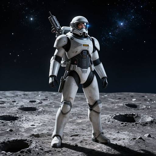 Photorealistic CGI of a white-suited astronaut with a gun, standing on a moonlit, rocky surface under a starry night sky.