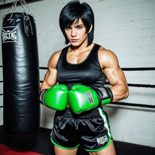 Female Boxer in Green Gloves and Black Athletic Wear
