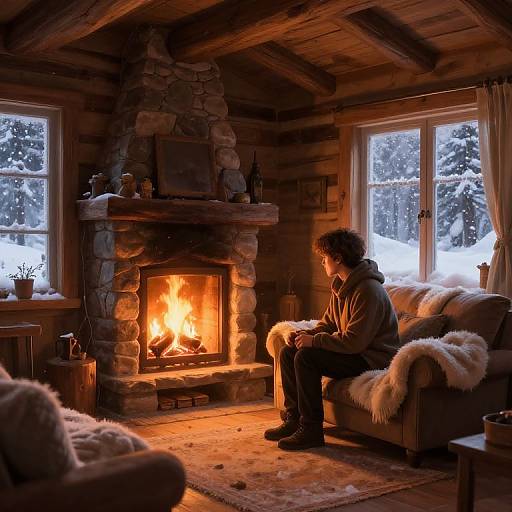 Photograph of a person sitting by a roaring stone fireplace in a wooden cabin, illuminated by the firelight, with snow-covered windows in the background.
