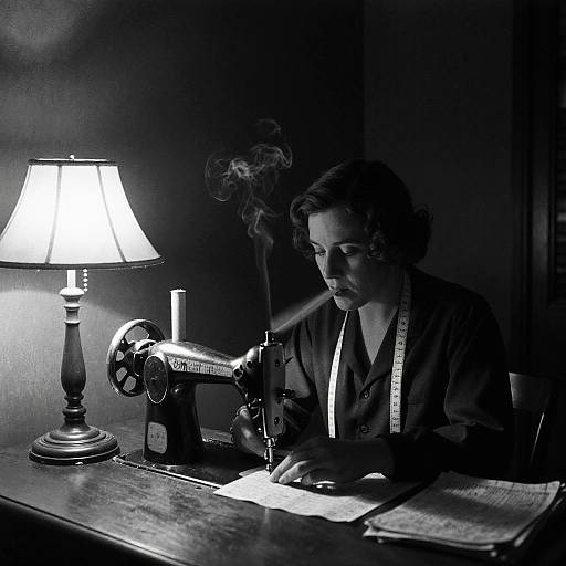 Black-and-white photograph of a woman sewing on an antique machine by a lit lamp, with smoke rising from her cigarette.
