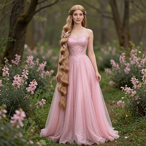 Photorealistic digital artwork of a blonde woman with long, wavy hair in a pink, sparkling ball gown standing in a forest filled with pink flowers