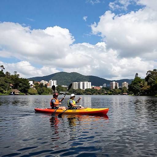 Photograph of a person kayaking in a bright red and yellow kayak on a calm lake, with a cityscape and mountains in the background under a