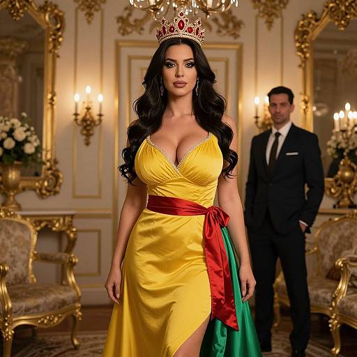 Photograph of a beautiful woman with long black hair, wearing a yellow satin gown with red and green sashes, tiara, and large breasts,