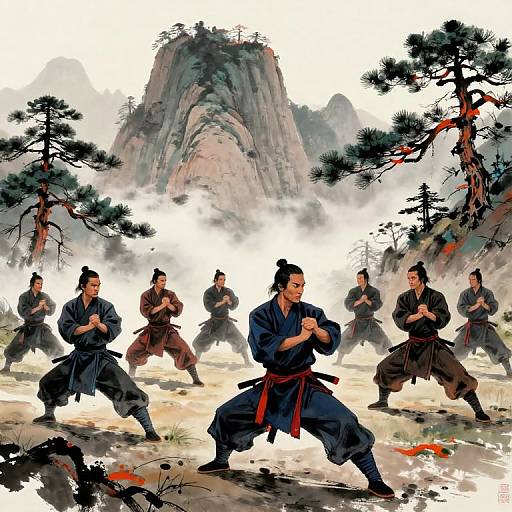 Digital illustration of martial artists in blue kimonos practicing stances in a misty mountain forest with tall pine trees.