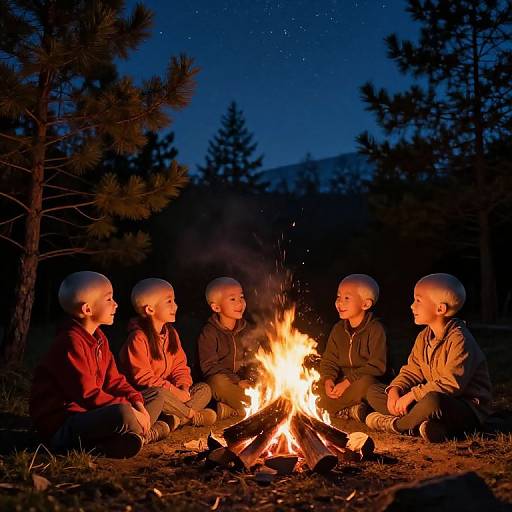 Five bald, young boys in hoodies sit around a campfire under a starry night sky, surrounded by pine trees in a forest. Photograph.