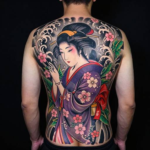Photograph of a man's back with a vibrant, traditional Japanese-style tattoo of a geisha with black hair, pink flowers, and wave patterns.