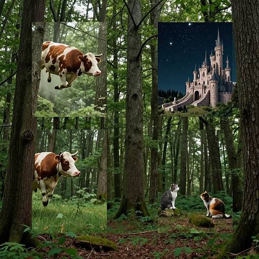 Photograph collage: Brown-and-white cow mid-jump in forest, cat and dog sitting, castle at night in inset, lush green trees.