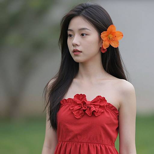 Photograph of an East Asian woman with long black hair, wearing a red, strapless dress with floral detailing, and an orange flower in her hair