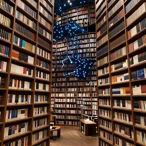 Photograph of a vast library with tall wooden bookshelves filled with colorful books, converging to a central blue starlit ceiling mural.