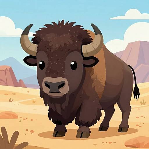 Cartoon-style bison with dark brown fur, large curved horns, and big black eyes stands in a sunny desert with blue sky and distant mountains.
