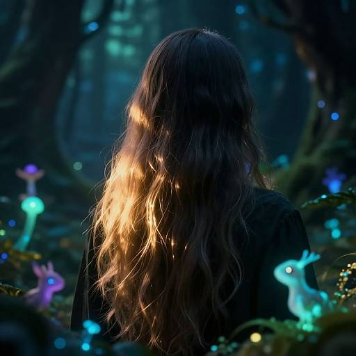 Photograph of a person with long, wavy, golden hair standing in a dark, enchanted forest, illuminated by glowing blue and purple fireflies.