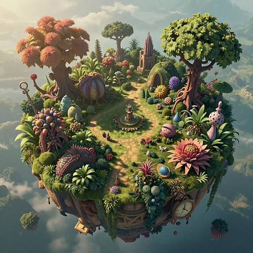 Whimsical, floating island garden in vibrant CGI art style, teeming with colorful flowers, trees, and fantastical creatures, bathed in sunlight