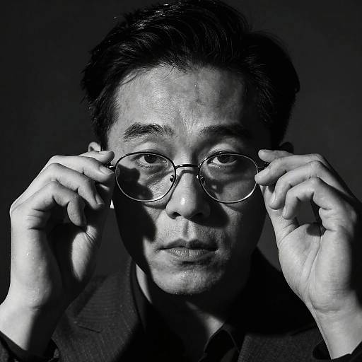 Black-and-white photograph of an Asian man with short, dark hair, wearing a suit, adjusting his round glasses against a dark background. Intense,
