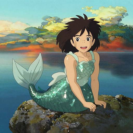 Miyazaki-Inspired Mermaid at Ocean Sunset