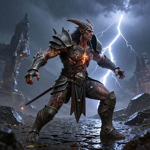 Digital art of a muscular, horned, armored demon warrior in a stormy, ruined city, with lightning illuminating his fiery chest emblem and wet