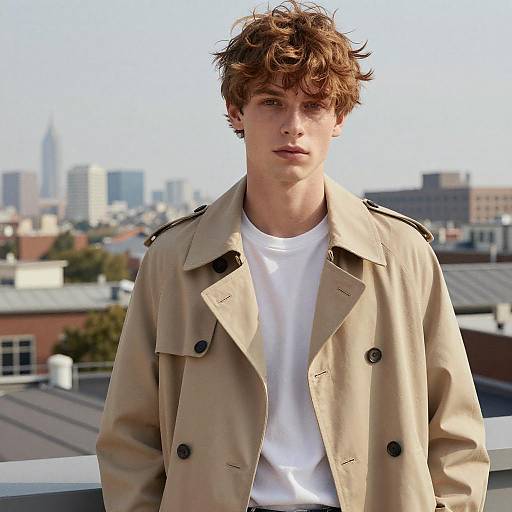 Photograph of a young, fair-skinned man with curly brown hair, wearing a beige trench coat and white t-shirt, standing on a rooftop with