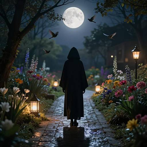 Mystical Garden with Dark Hooded Figure