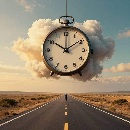 Photograph of a giant, floating pocket watch with black hands and white face, suspended above a desert road, with a lone figure walking in the distance