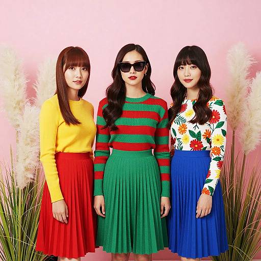 Photograph of three Asian women with long hair, wearing colorful striped and floral tops, pleated skirts, standing against pink background with pampas grass