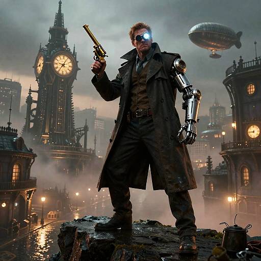 Steampunk Detective in Foggy Cityscape