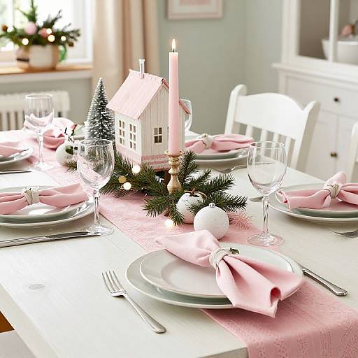 Photograph of a festive table setting: pink napkins, white plates, pink runner, candle centerpiece, miniature house, pine sprigs, ornaments,