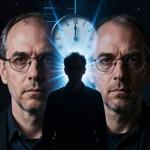 Multiple Faces with Silhouetted Man and Clock