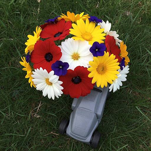Vibrant Floral Arrangement with Toy Lawnmower