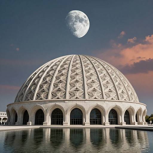 Photograph of a white, intricately patterned domed mosque at sunset, reflecting in a still pool, with a full moon above.