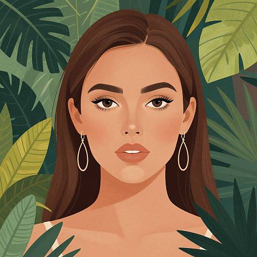 Digital illustration of a beautiful woman with long brown hair, light skin, and brown eyes, wearing hoop earrings, set against lush green tropical foliage.