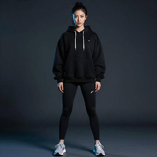 Athletic Asian Woman in Black Hoodie and Leggings