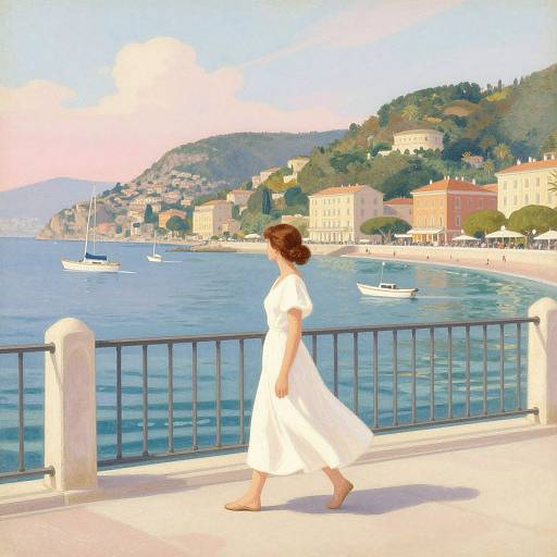 Digital painting of a woman in a white dress walking along a coastal promenade, overlooking a blue sea with boats and quaint hillside buildings.