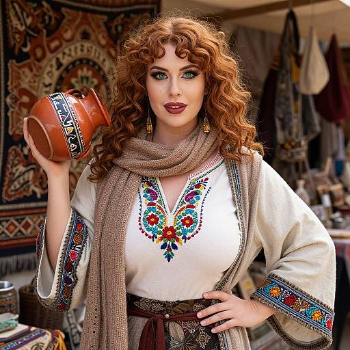 Photorealistic digital artwork of a curly red-haired woman in a white embroidered blouse and brown scarf, holding a clay jug, standing in a colorful,
