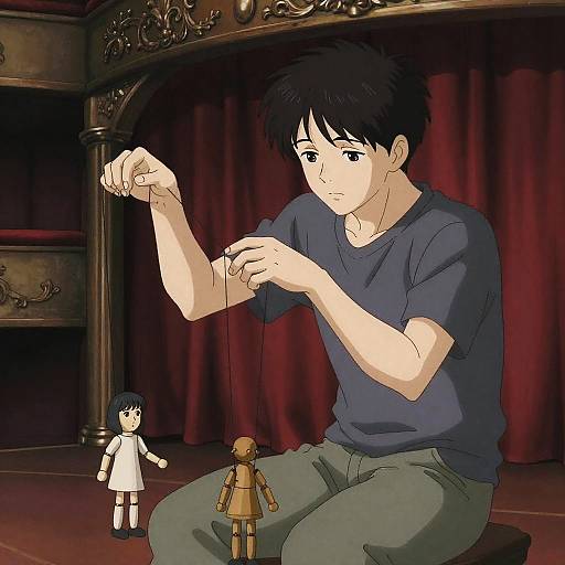 Melancholic Puppeteer in Vintage Theater