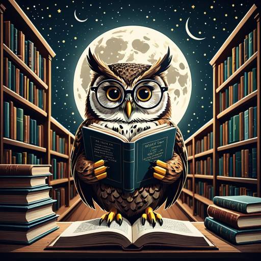 Owl Reading in Moonlit Library Owl Reading in Moonlit Library