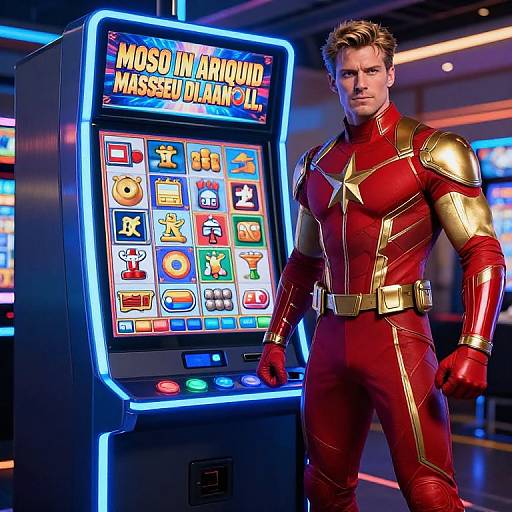 Photograph of a muscular man in a red and gold Iron Man suit standing next to a brightly lit Moshi Monsters arcade machine.