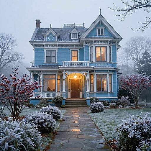 Photograph of a Victorian-style blue house at dusk, illuminated by warm yellow lights, with frost-covered bushes and a misty background.