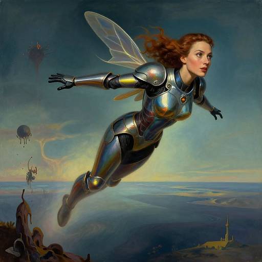 Digital painting of a red-haired woman in silver robotic armor with translucent wings, flying over a surreal landscape with floating balloons and distant castle.