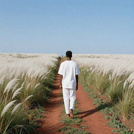 Sunlit Field Walk with Brown Skin Figure