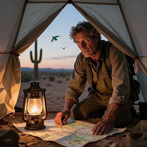 Explorer's Introspective Desert Twilight