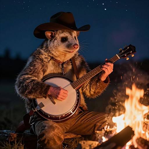Photograph of an anthropomorphic opossum wearing a black cowboy hat, playing a banjo by a campfire at night.