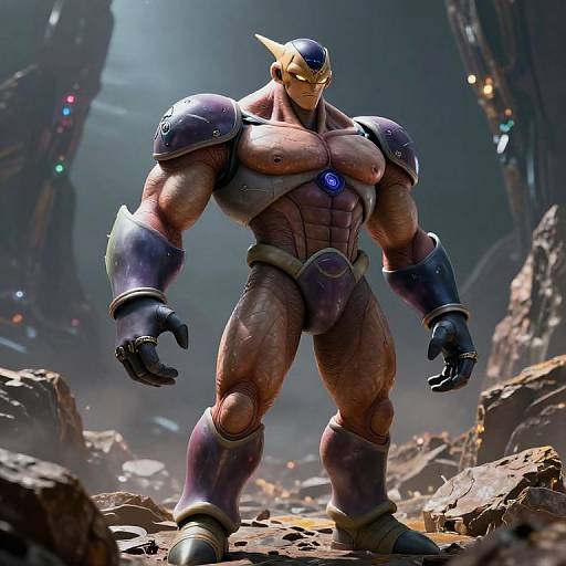CGI image of a muscular, armored, blue-skinned alien warrior with yellow head crest, standing in a rocky, futuristic, ruined landscape.