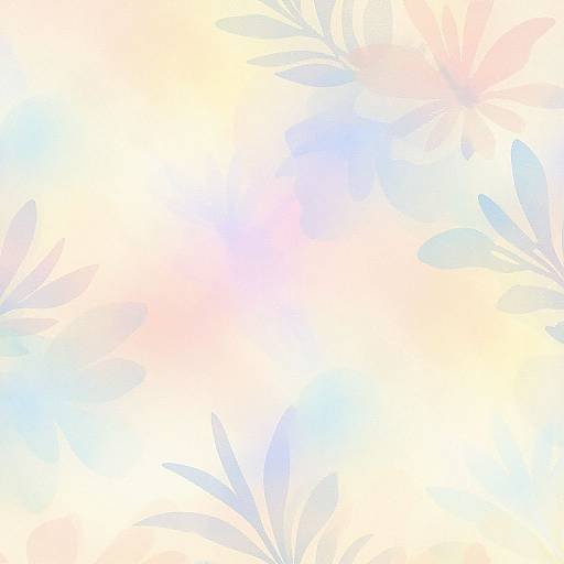 Abstract digital art with soft pastel gradients of pink, blue, and yellow, featuring faint, delicate leaf patterns in the corners.