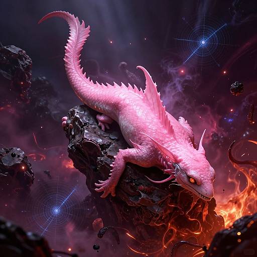 Digital artwork of a glowing pink, dragon-like creature with sharp spines, red eyes, and fiery breath, perched on a dark, rocky cliff