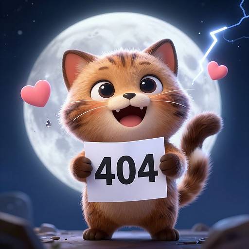 Cute CGI cartoon kitten with big eyes, orange and brown fur, holding 
