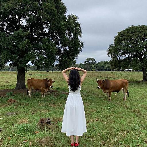 Serene Woman in Field with Cows