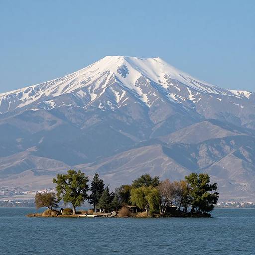 Photograph of a small island with trees in a lake, with a snow-capped mountain in the clear blue sky background.