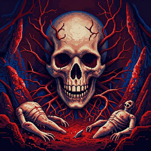 Digital pixel art of a large, grinning skull with red, branching roots, flanked by two lifeless, blood-streaked human bodies on